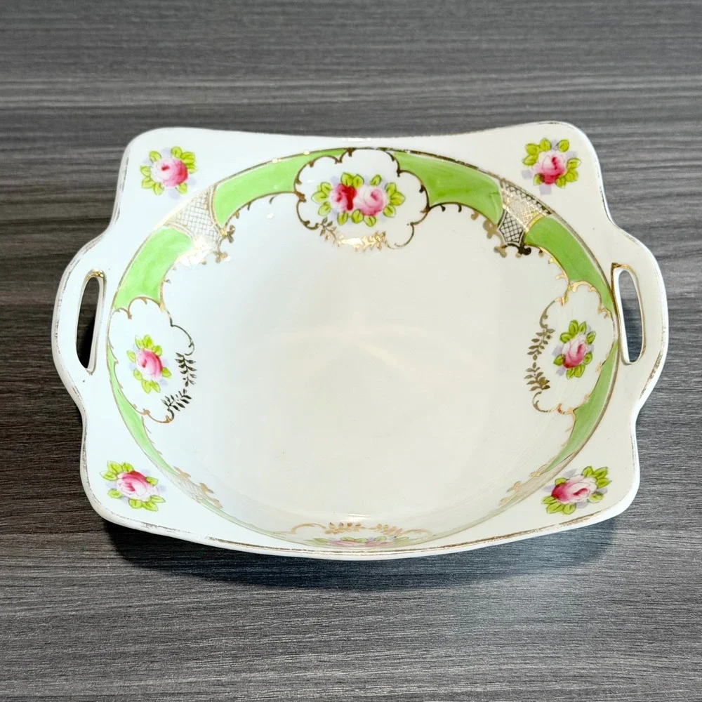 Antique Nippon Hand Painted Porcelain Handled‎ Bowl Floral Pink Rose Gold Gilt